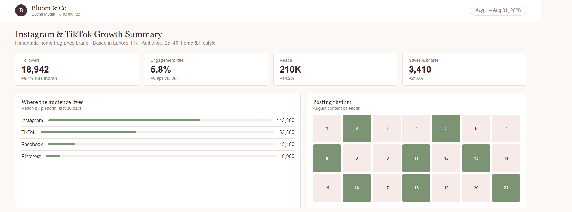 Bloom & Co — Social Media Analytics Dashboard designed by Zentora